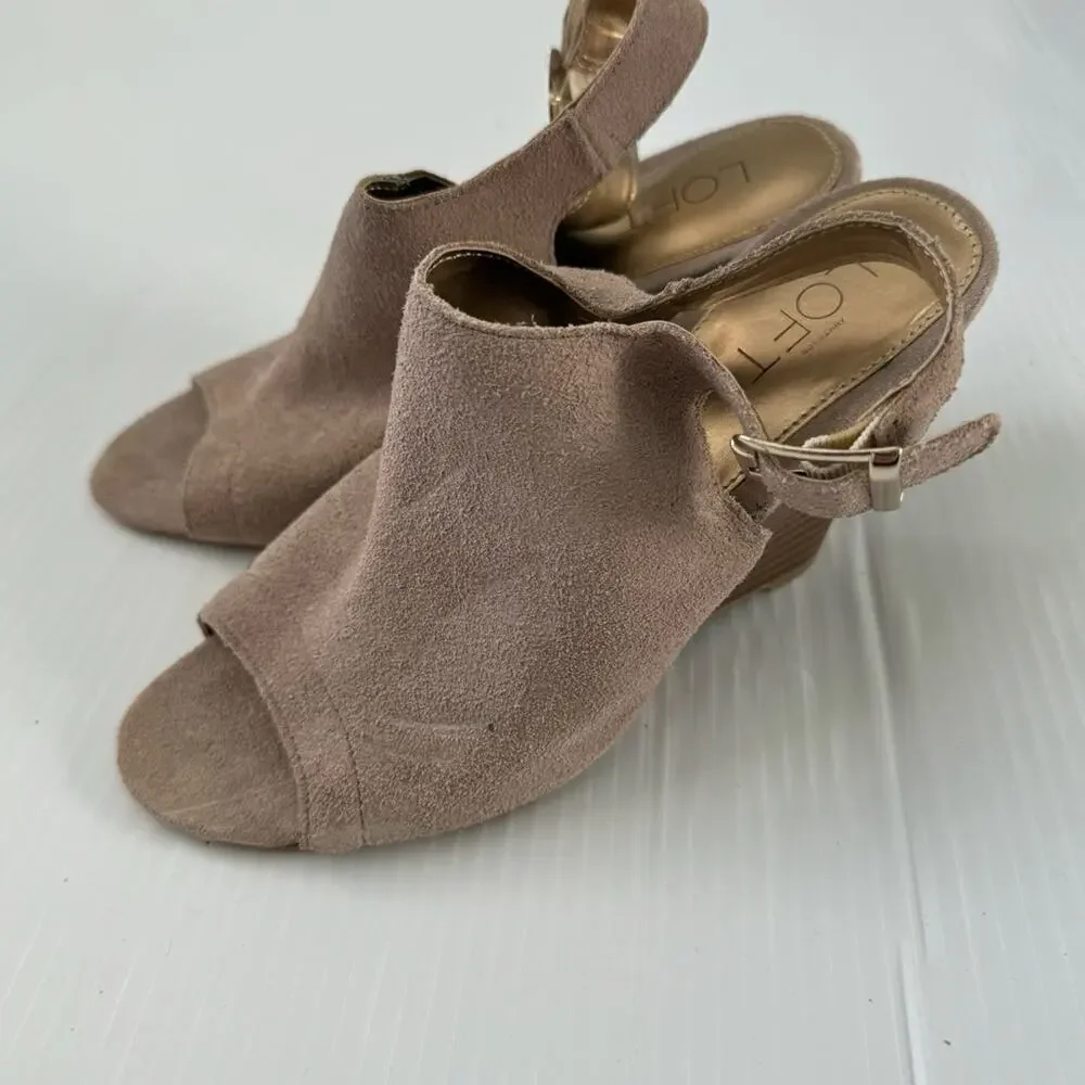 NWOT Ann Taylor Loft suede peep toe wedges tan size 7 stacked heel